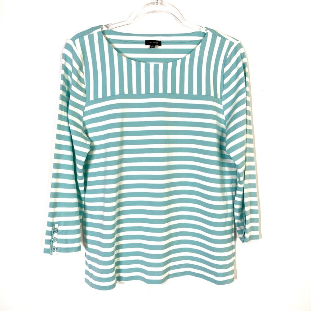 Talbots Aqua White Stripe 3/4 Sleeve Top Button Detail 100% Cotton Womens Large